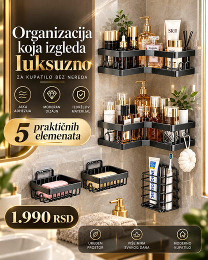 5-delni samolepljivi set za organizaciju kupatila bez bušenja -- PREMIUM DELUXE -- LuxeBath 5