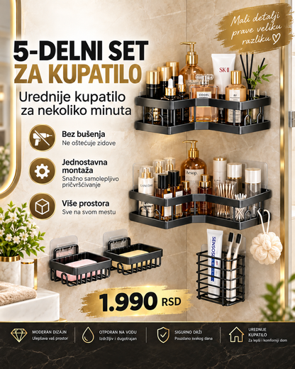 5-delni samolepljivi set za organizaciju kupatila bez bušenja -- PREMIUM DELUXE -- LuxeBath 5