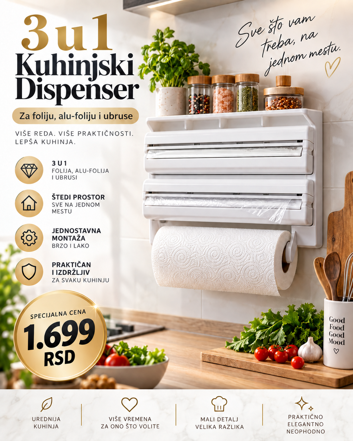 Kuhinjski dispenser 3u1 – za foliju, alu-foliju i papirne ubruse