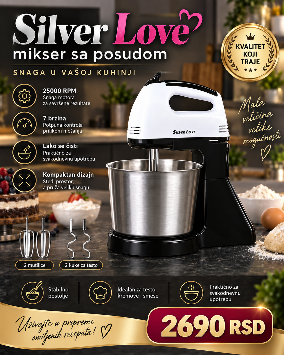 Silver Love MM-133A mikser sa inox posudom – 300W, 7 brzina