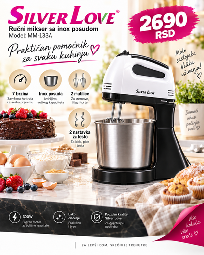 Silver Love MM-133A mikser sa inox posudom – 300W, 7 brzina