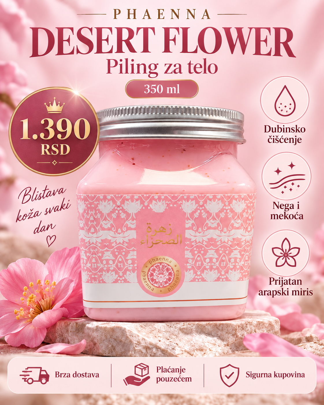 Piling za telo za dubinsko čišćenje, omekšavanje i mirisnu negu -- ULTRA PREMIUM DELUXE -- PHAENNA Desert Flower 350 ml