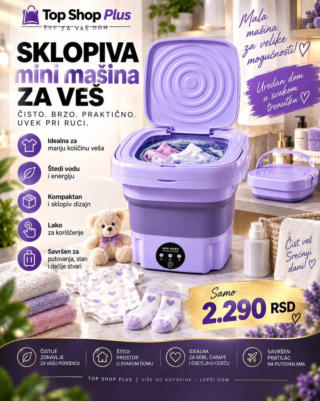 Premium prenosiva sklopiva mini mašina za veš – kompaktna za sitan veš i putovanja