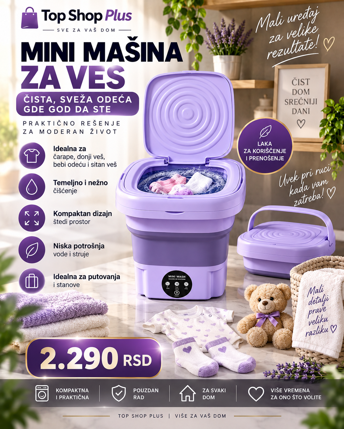 Premium prenosiva sklopiva mini mašina za veš – kompaktna za sitan veš i putovanja