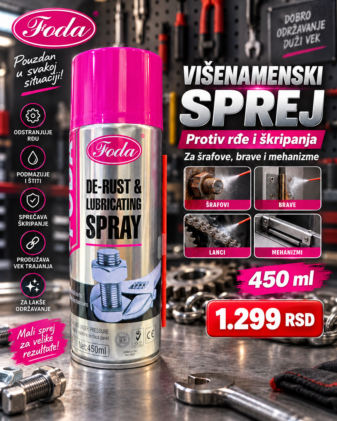 Foda sprej protiv rđe i za podmazivanje 450 ml – De-Rust & Lubricating Spray