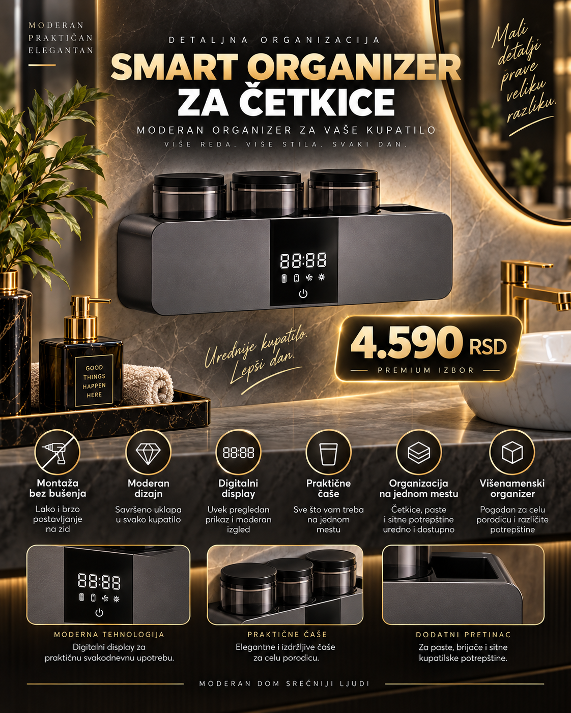 Smart kupatilski organizer za četkice sa digitalnim displejem i 3 čaše