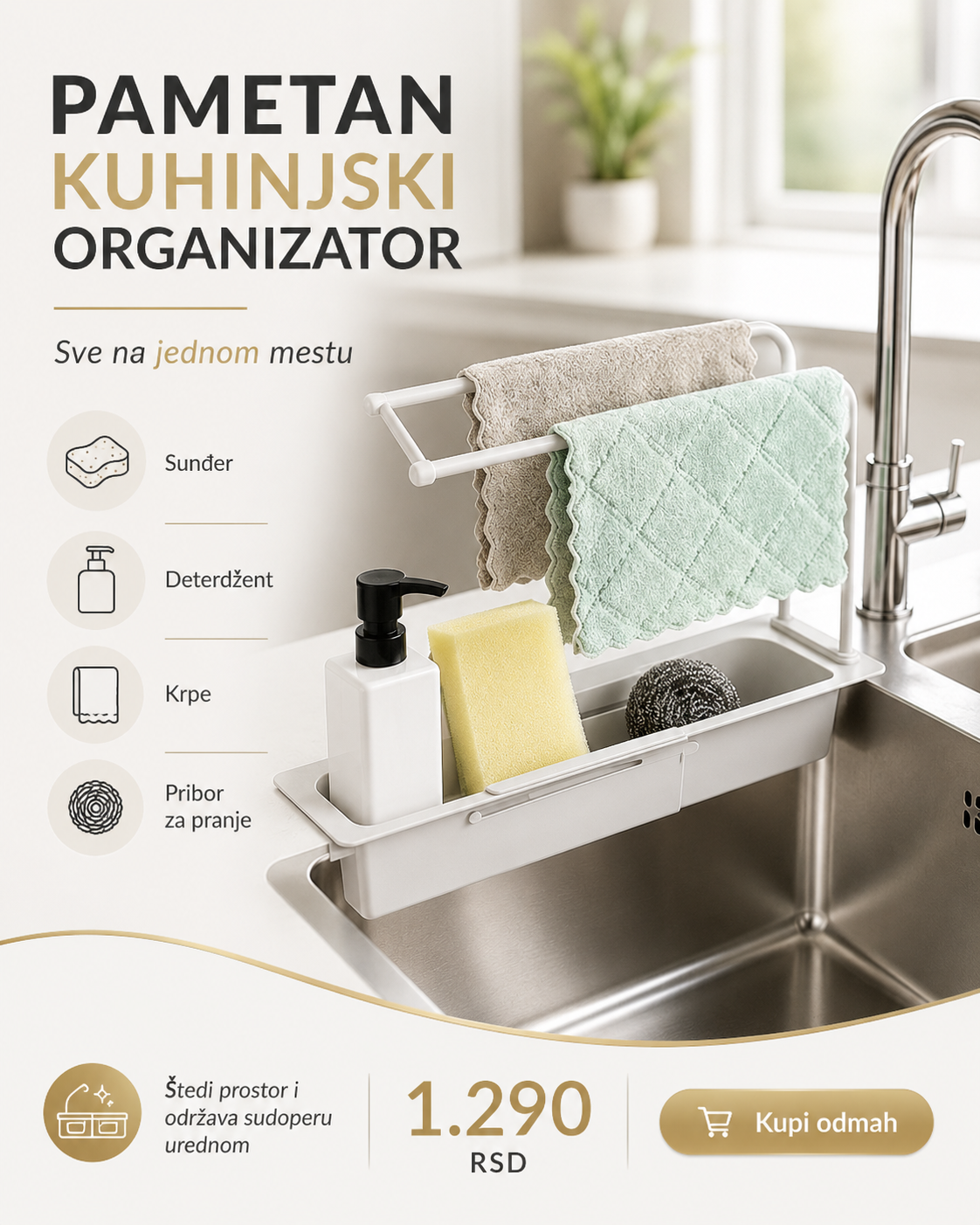 Organizator za sudoperu 3u1 – držač za sunđer, deterdžent i krpe