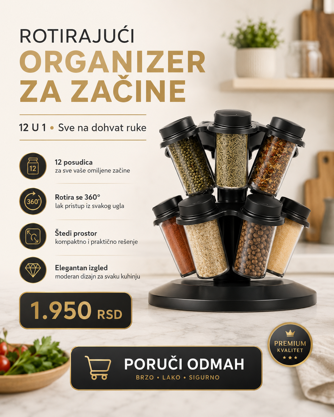 Rotirajući stalak za začine 12u1 – 12 posudica, 360° organizacija za kuhinju