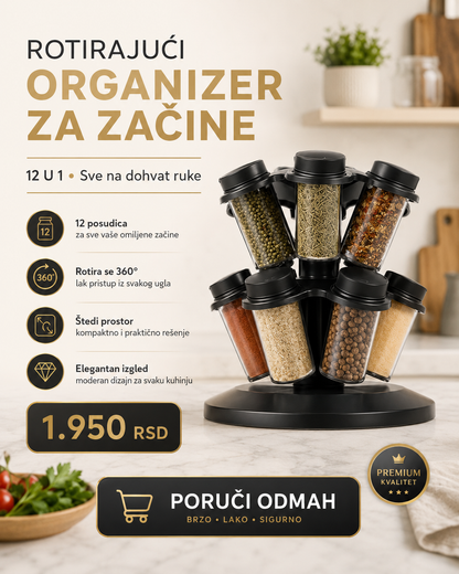Rotirajući stalak za začine 12u1 – 12 posudica, 360° organizacija za kuhinju