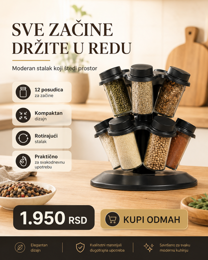 Rotirajući stalak za začine 12u1 – 12 posudica, 360° organizacija za kuhinju