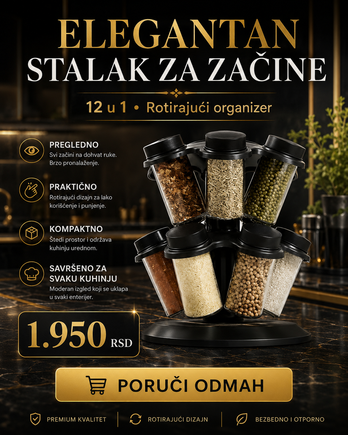 Rotirajući stalak za začine 12u1 – 12 posudica, 360° organizacija za kuhinju