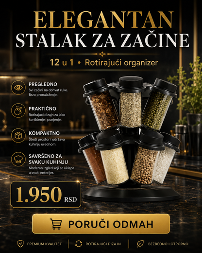Rotirajući stalak za začine 12u1 – 12 posudica, 360° organizacija za kuhinju