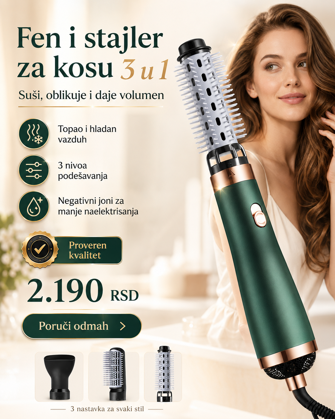 Fen i stajler za kosu 3u1 – sušenje, oblikovanje i volumen | 3 nastavka