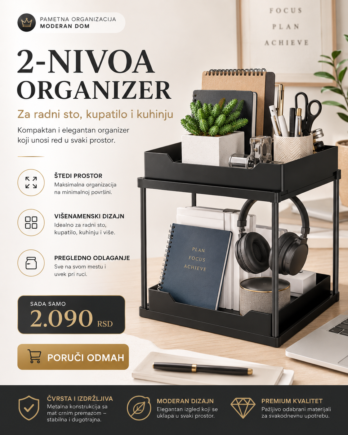 Multifunkcionalni organizer u 2-nivoa  – za kuhinju, radni sto i kupatilo