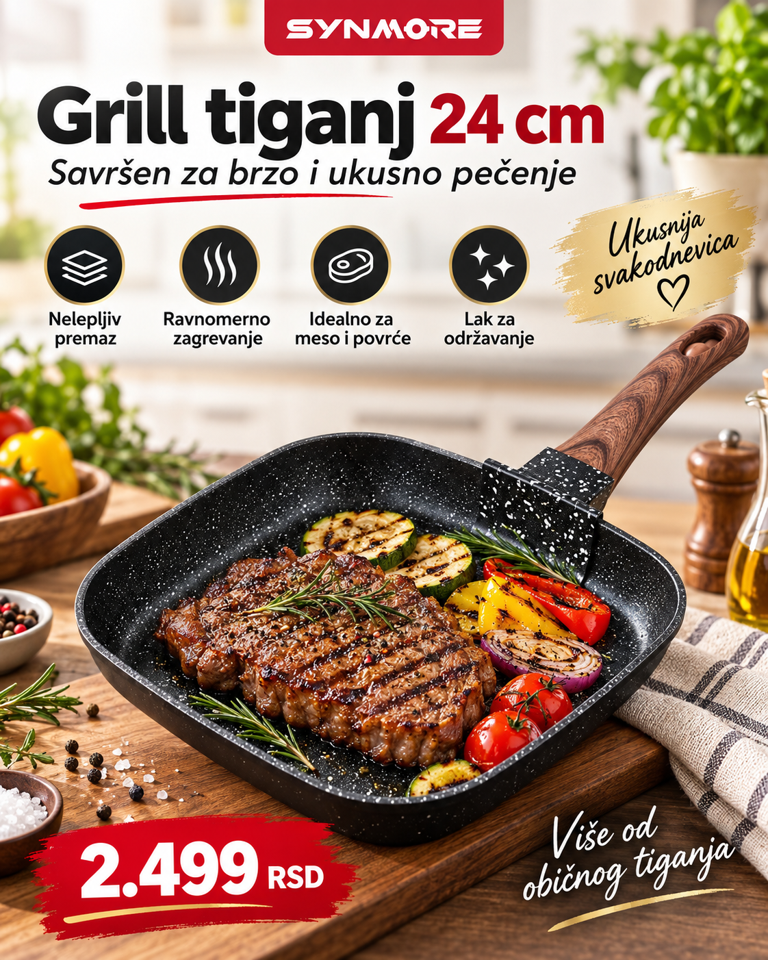 SYNAMORE Grill Pan 24 cm – Premium nelepljivi tiganj za meso, povrće i grilovanje