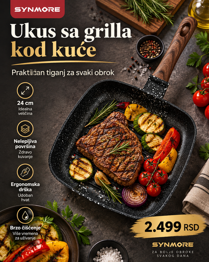 SYNAMORE Grill Pan 24 cm – Premium nelepljivi tiganj za meso, povrće i grilovanje