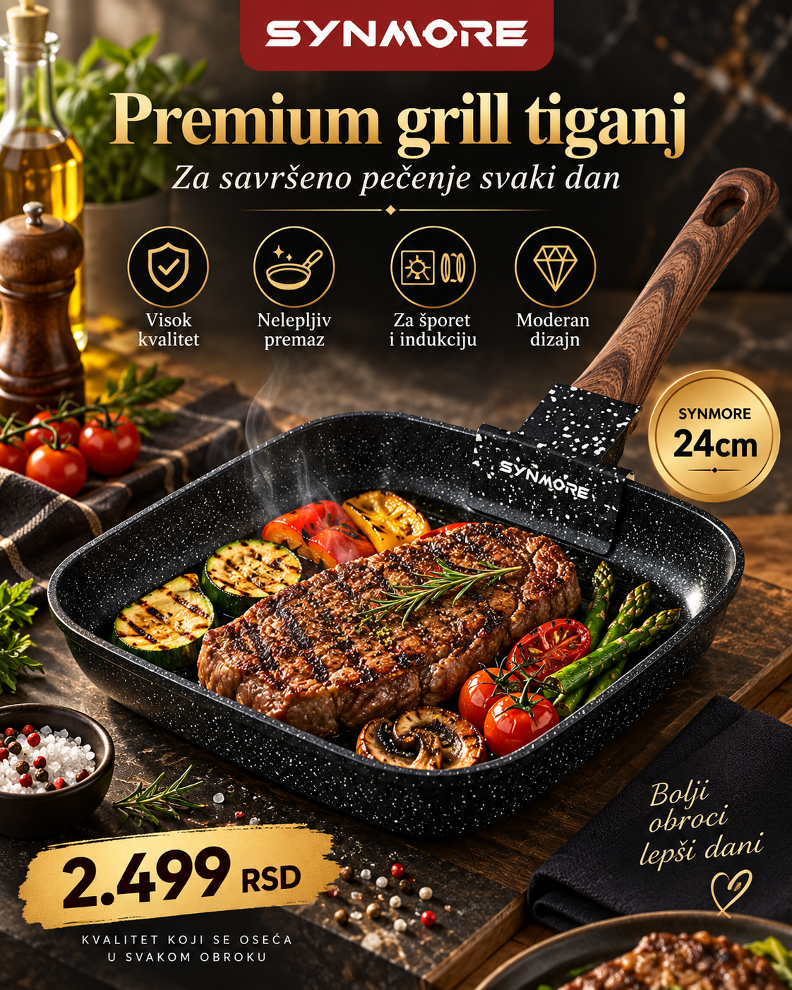 SYNAMORE Grill Pan 24 cm – Premium nelepljivi tiganj za meso, povrće i grilovanje