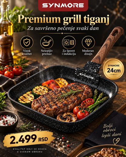 SYNAMORE Grill Pan 24 cm – Premium nelepljivi tiganj za meso, povrće i grilovanje