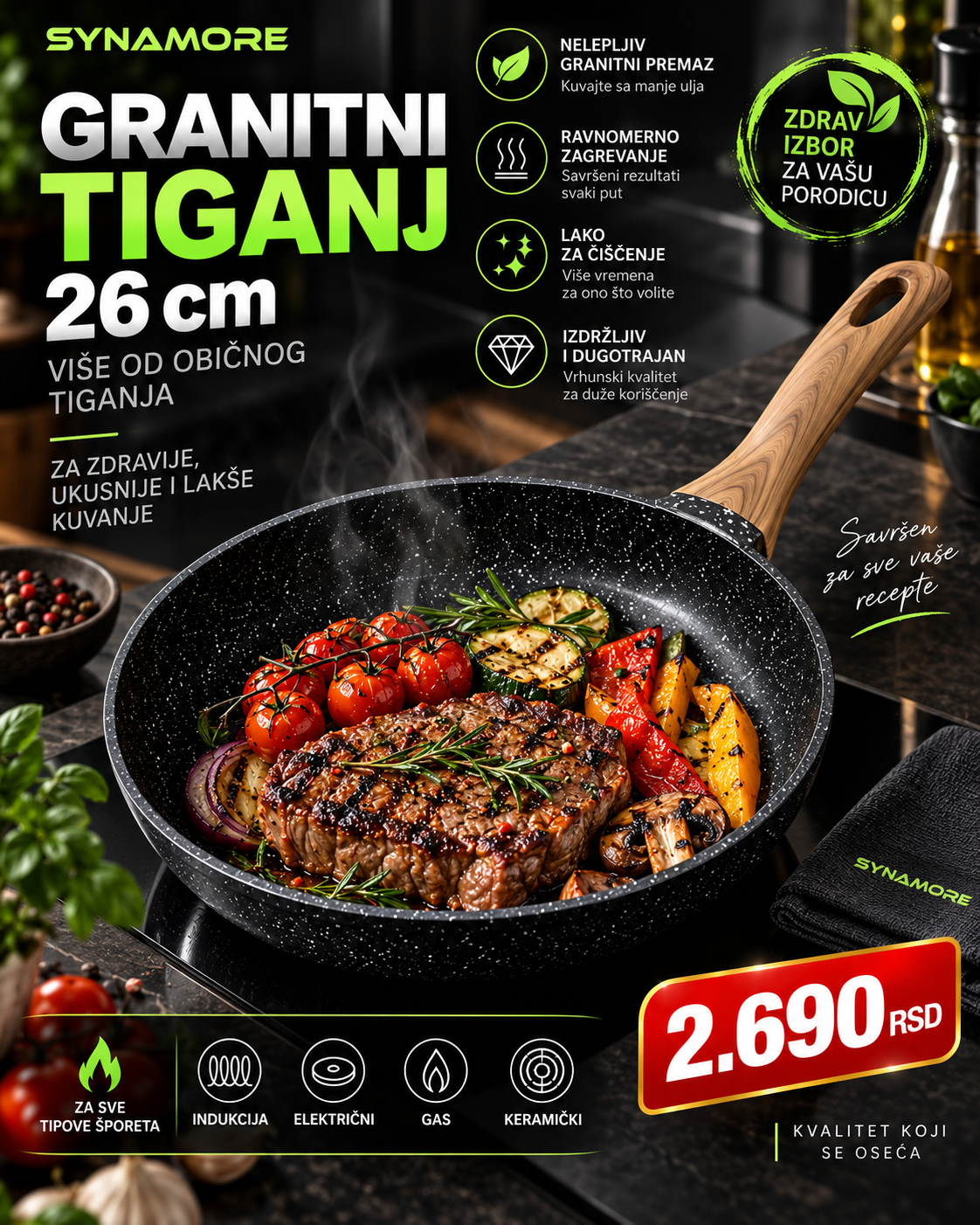SYNAMORE Granitni Tiganj 26 cm – Nelepljivi Premaz i Premium Dizajn