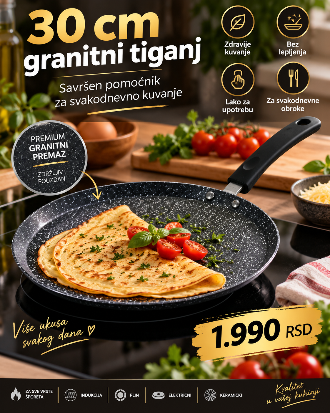 Premium Tiganj za Palačinke i Picu – Ravna Nelepljiva Površina za Savršeno Pečenje