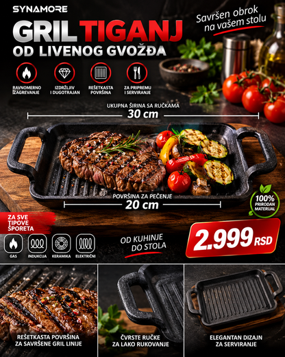 Premium Pravougaoni Grill Tiganj sa Dve Ručke – Za Meso, Povrće i Serviranje