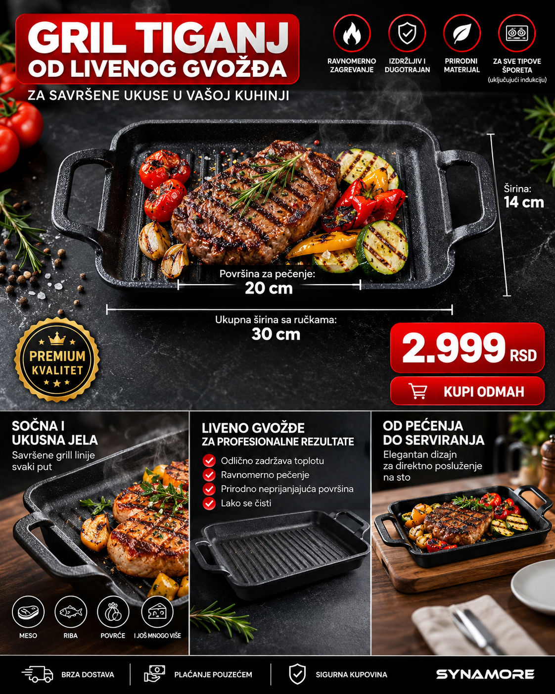Premium Pravougaoni Grill Tiganj sa Dve Ručke – Za Meso, Povrće i Serviranje