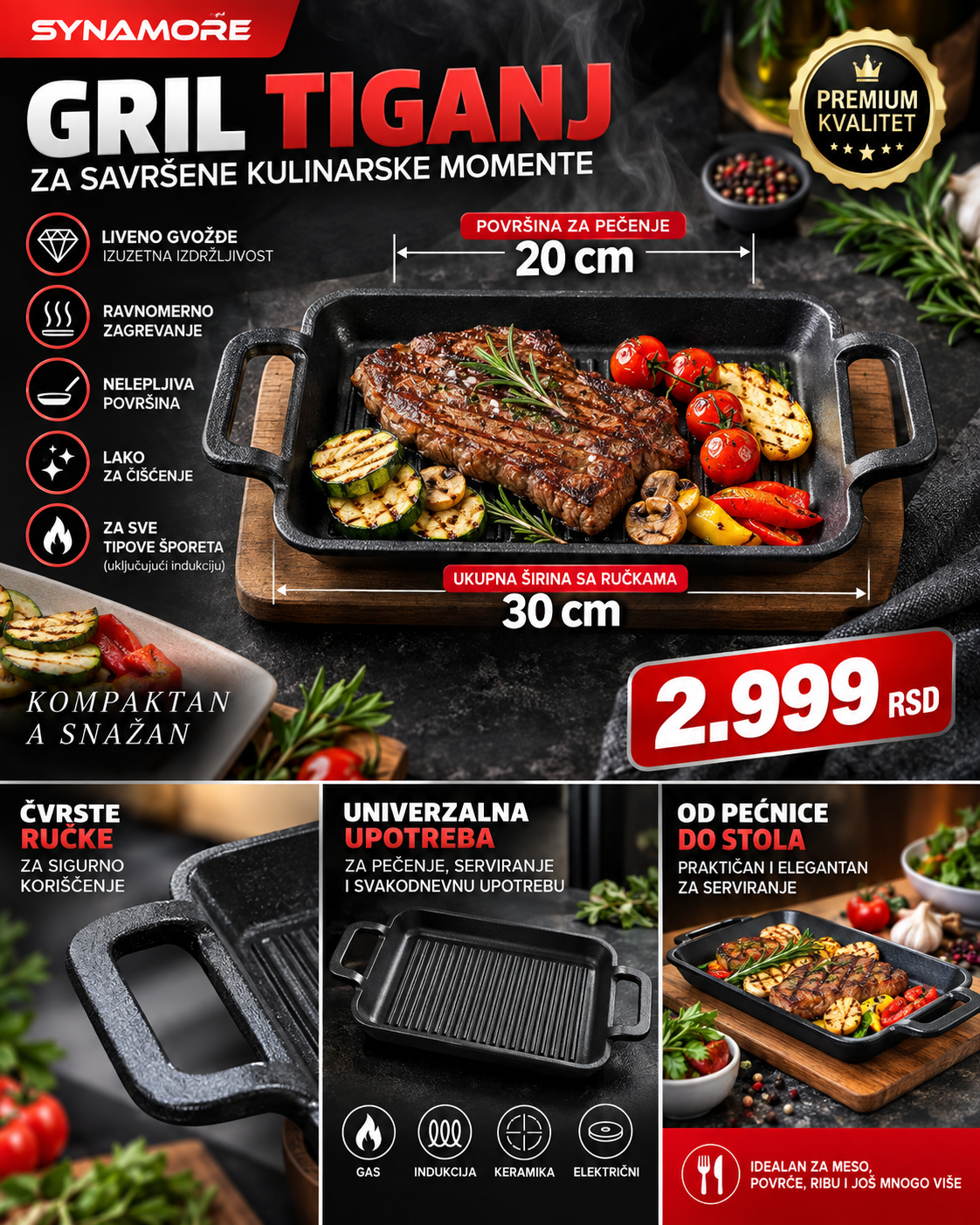 Premium Pravougaoni Grill Tiganj sa Dve Ručke – Za Meso, Povrće i Serviranje