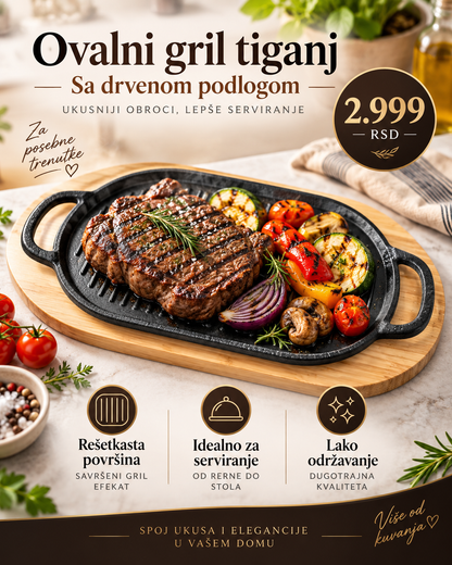 Ovalna Grill Posuda od Livenog Gvožđa sa Drvenim Podmetačem – Za Pečenje i Serviranje