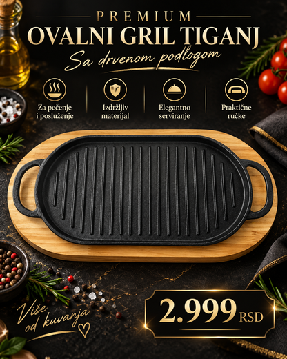 Ovalna Grill Posuda od Livenog Gvožđa sa Drvenim Podmetačem – Za Pečenje i Serviranje