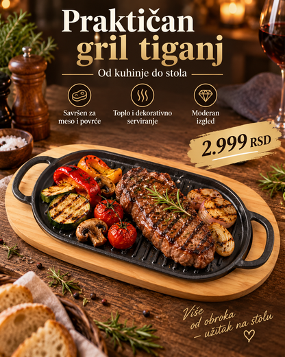 Ovalna Grill Posuda od Livenog Gvožđa sa Drvenim Podmetačem – Za Pečenje i Serviranje