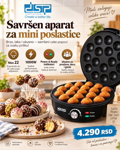 DSP Cake Pop Maker 1000W – Aparat za 22 Cake Pop Kuglice | Brza Priprema Poslastica