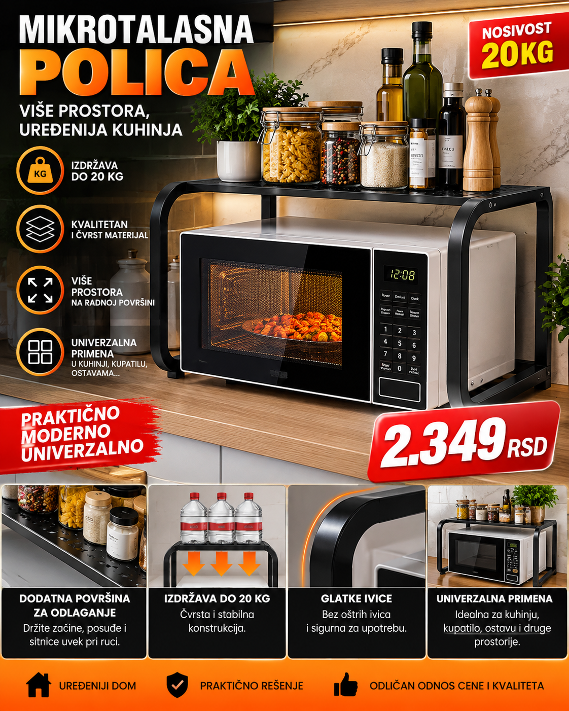 Multifunkcionalna Polica za Mikrotalasnu – Organizator za Kuhinju do 20 kg