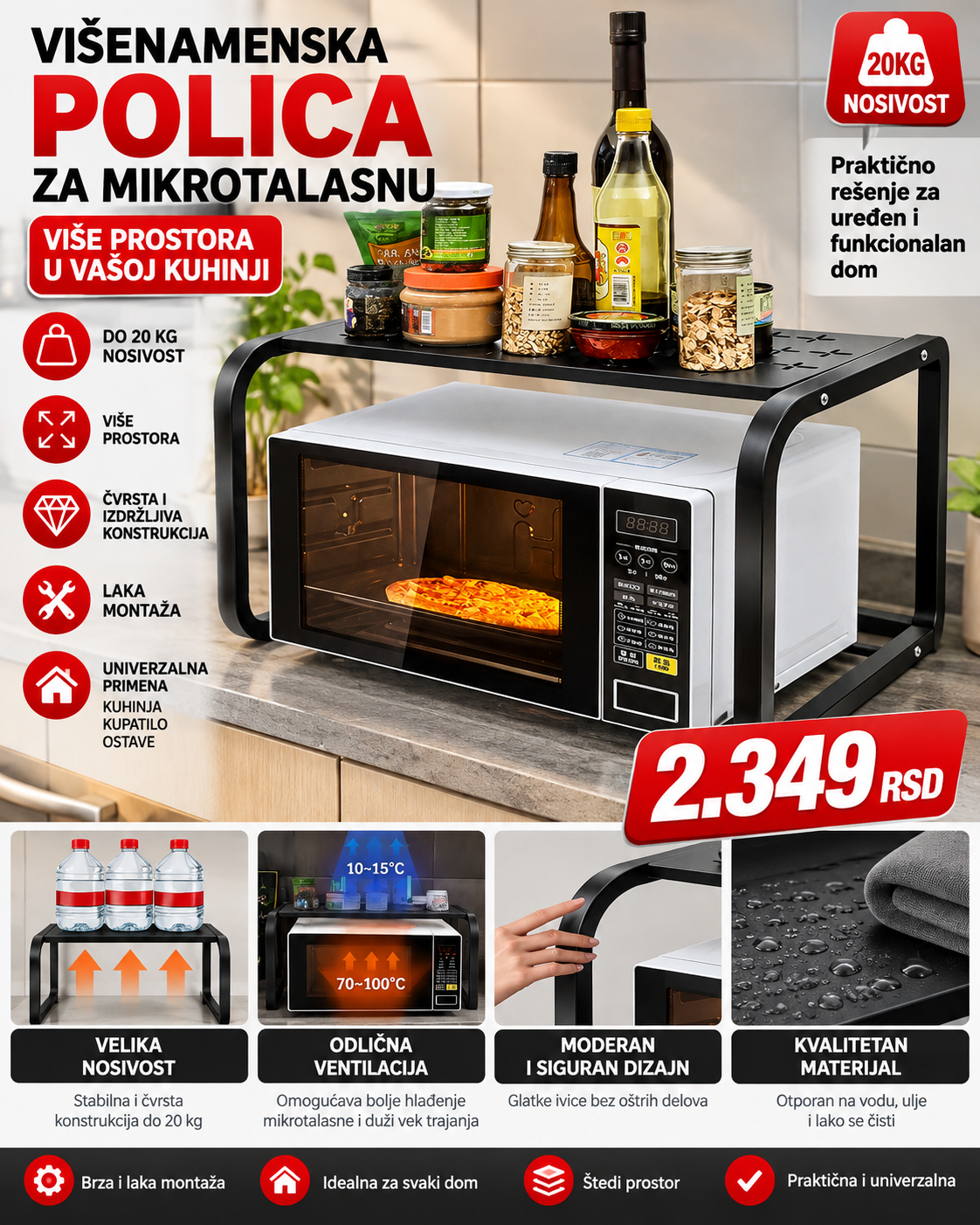 Multifunkcionalna Polica za Mikrotalasnu – Organizator za Kuhinju do 20 kg