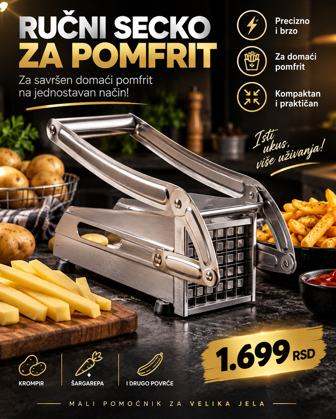 Potato Chipper – Ručni Secko za Pomfrit | Brzo i Jednako Sečenje Krompira