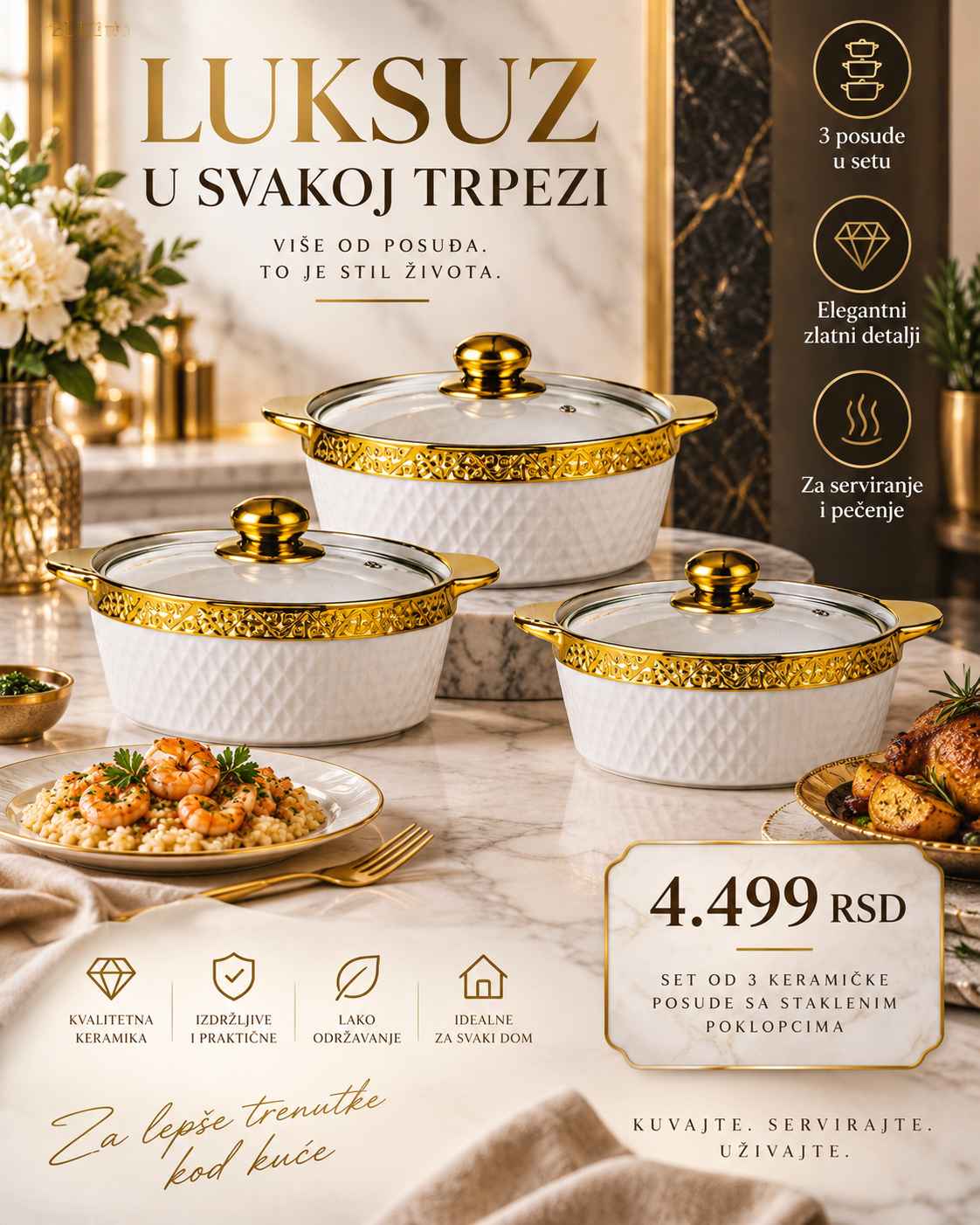 Premium Keramički Set Šerpi 3/1 – 7", 8" i 9" | Belo-Zlatni Dizajn
