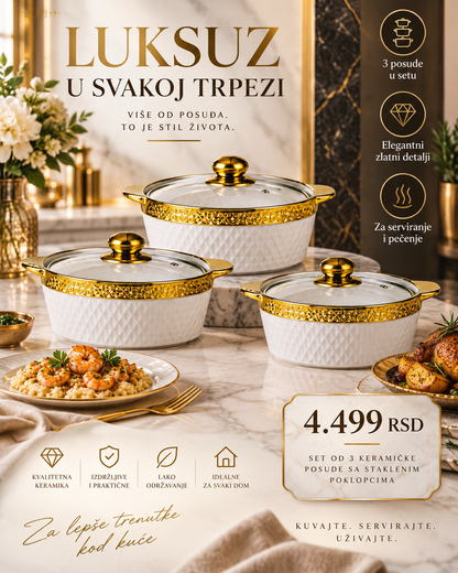 Premium Keramički Set Šerpi 3/1 – 7", 8" i 9" | Belo-Zlatni Dizajn