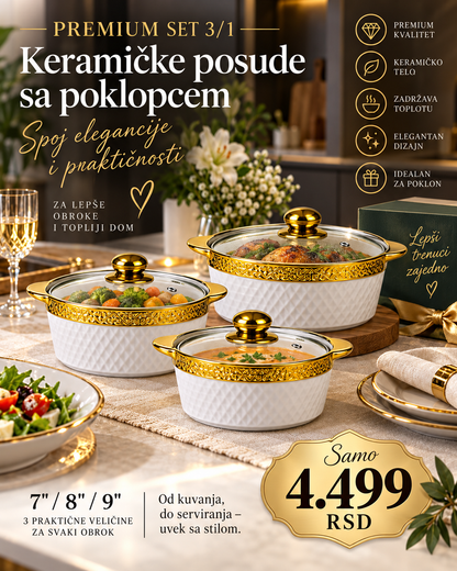 Premium Keramički Set Šerpi 3/1 – 7", 8" i 9" | Belo-Zlatni Dizajn