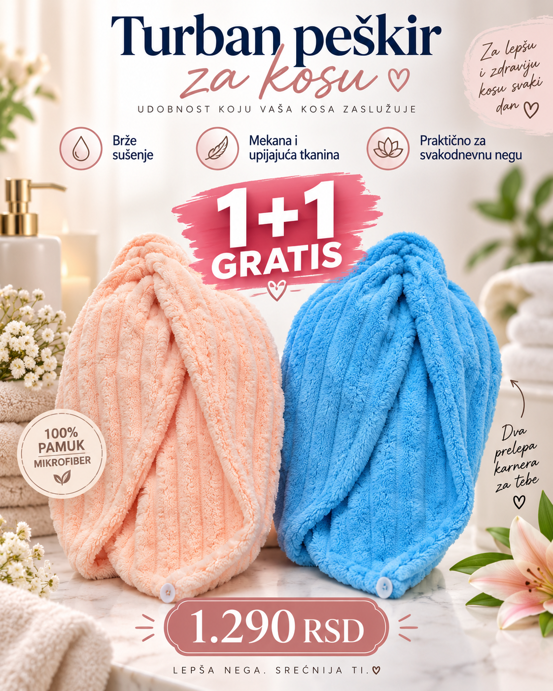 Turban Peškir za Kosu 1+1 GRATIS – 2 Mekana Peškira za Brže Sušenje Kose