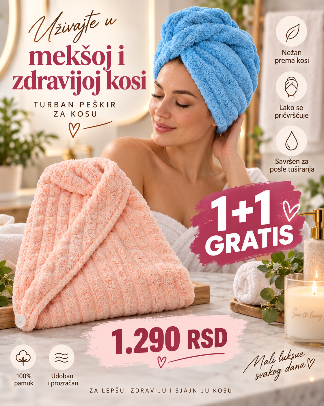 Turban Peškir za Kosu 1+1 GRATIS – 2 Mekana Peškira za Brže Sušenje Kose