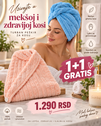 Turban Peškir za Kosu 1+1 GRATIS – 2 Mekana Peškira za Brže Sušenje Kose