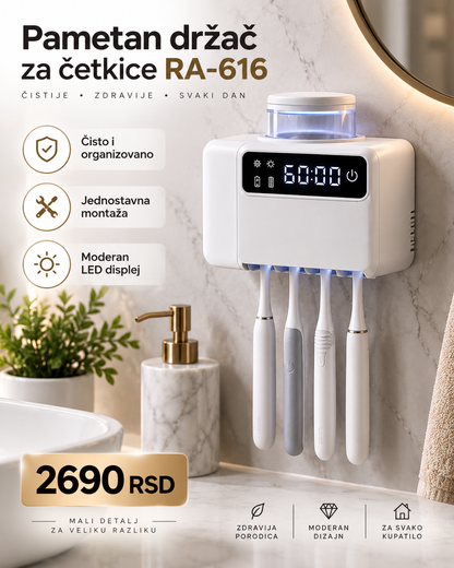 Zidni Organizator za Četkice sa UV Sterilizacijom i Digitalnim Prikazom