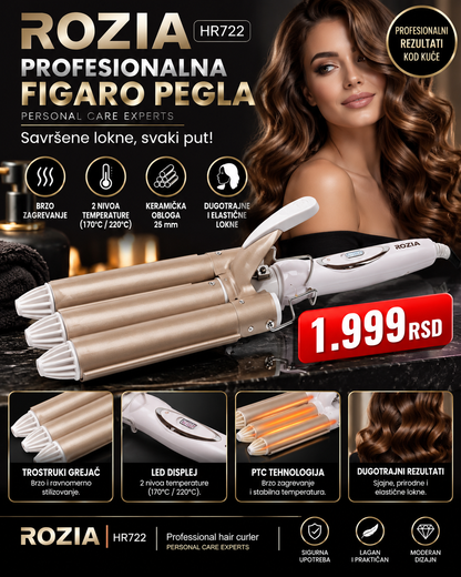 ROZIA Trostruki Figaro za Kosu – 25 mm Keramički Uvijač za Brze i Definisane Talase