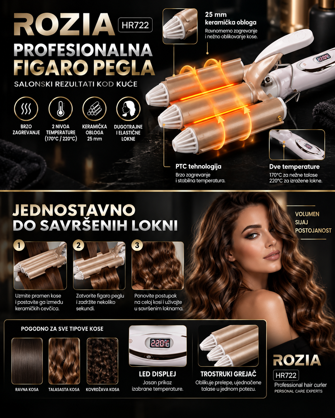 ROZIA Trostruki Figaro za Kosu – 25 mm Keramički Uvijač za Brze i Definisane Talase