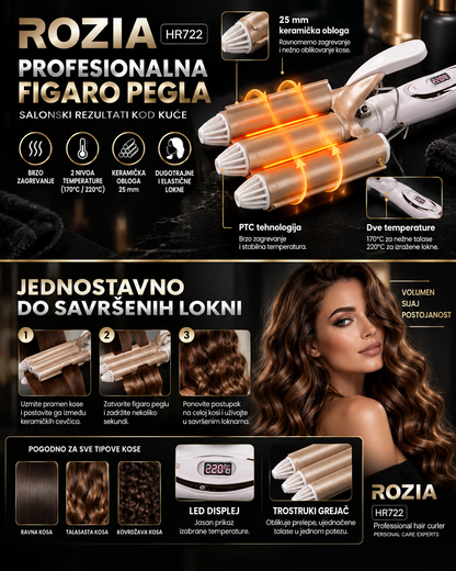 ROZIA Trostruki Figaro za Kosu – 25 mm Keramički Uvijač za Brze i Definisane Talase