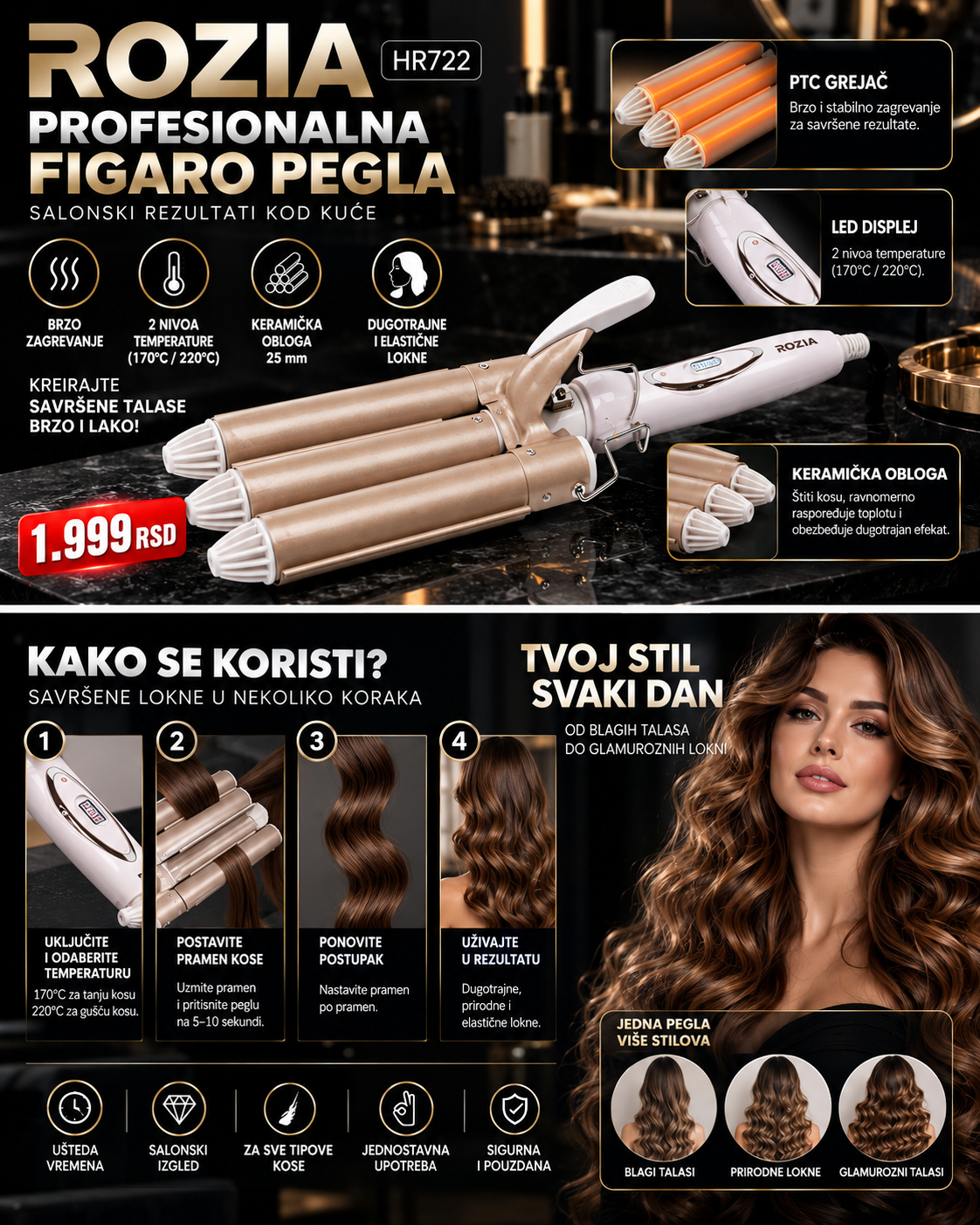ROZIA Trostruki Figaro za Kosu – 25 mm Keramički Uvijač za Brze i Definisane Talase
