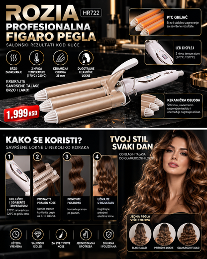 ROZIA Trostruki Figaro za Kosu – 25 mm Keramički Uvijač za Brze i Definisane Talase
