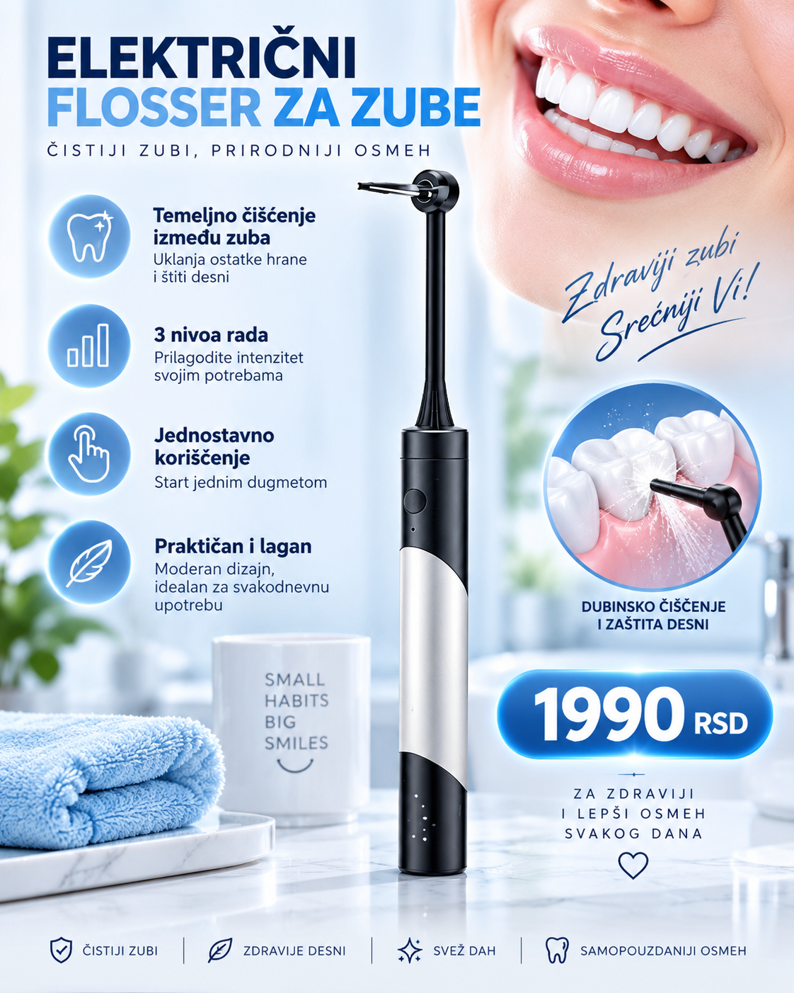 Električni Flosser za Zube – 3 Nivoa Rada za Precizno Čišćenje Između Zuba