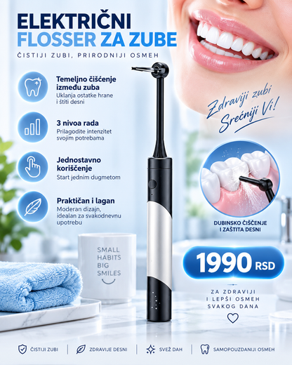 Električni Flosser za Zube – 3 Nivoa Rada za Precizno Čišćenje Između Zuba