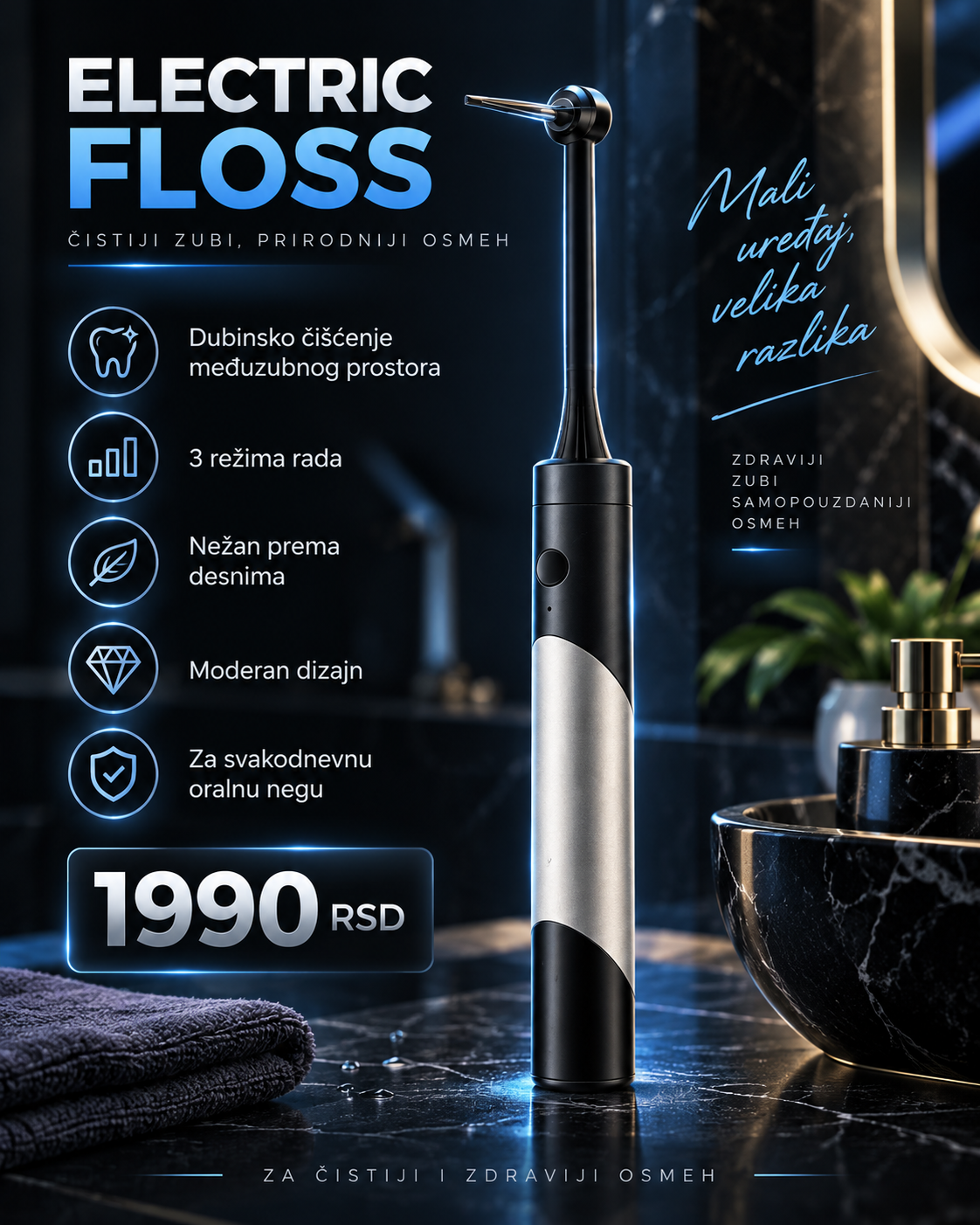 Električni Flosser za Zube – 3 Nivoa Rada za Precizno Čišćenje Između Zuba