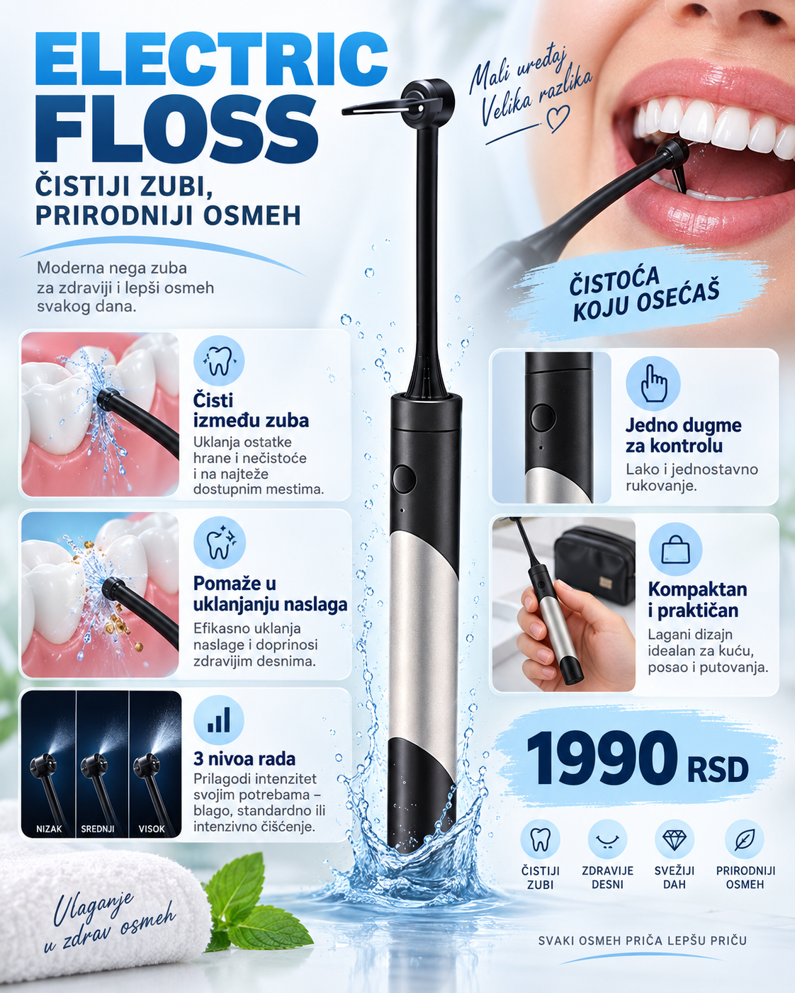 Električni Flosser za Zube – 3 Nivoa Rada za Precizno Čišćenje Između Zuba